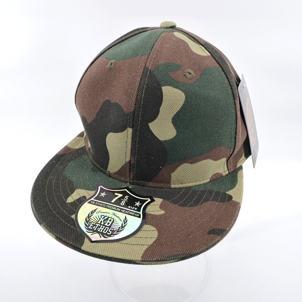 NEW KB Ethos Woodland Camo Fitted Flat Brim Hat Green Brown Mens 7 5/8